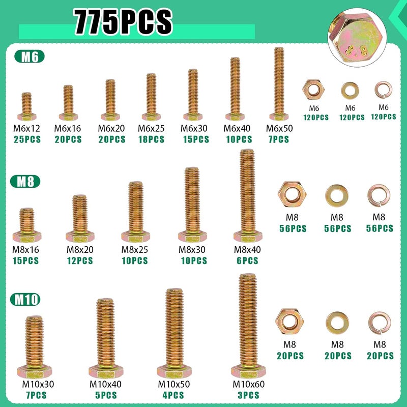 Twidec /775PCS Metric Bolt Assortment,Grade 8.8 Hex Head Nuts and Bolts Assortment Kit, M6/M8/M10(12-60mm) Heavy Duty Bolts and Nuts Kit, Flat & Spring Lock Washer Gold Zinc Plating With Storage Case - Image 2